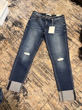 KanCan Medium Blue Distressed Boyfriend Jeans with Cuffs